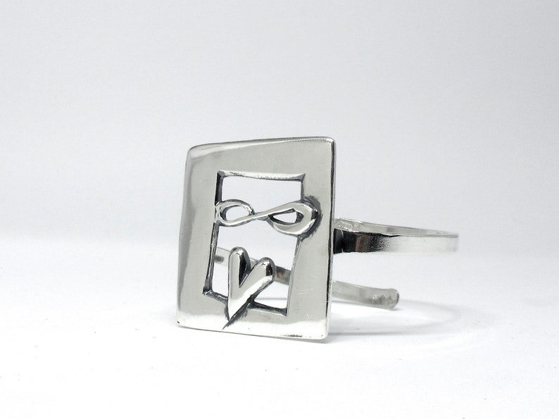 Love Forever Heart Cuff Bracelet Infinity Sign and Heart Solid Sterling Silver Bangle