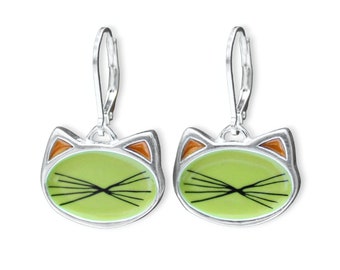 Bright Colored Cat Earrings-  Cat Dangle Lever Back - Reversible Cat Jewelry Sterling and Vitreous Enamel