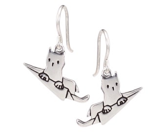 Sterling Silver Flying Cat Earrings: Paper Plane Charm, Gift for Cat Lover