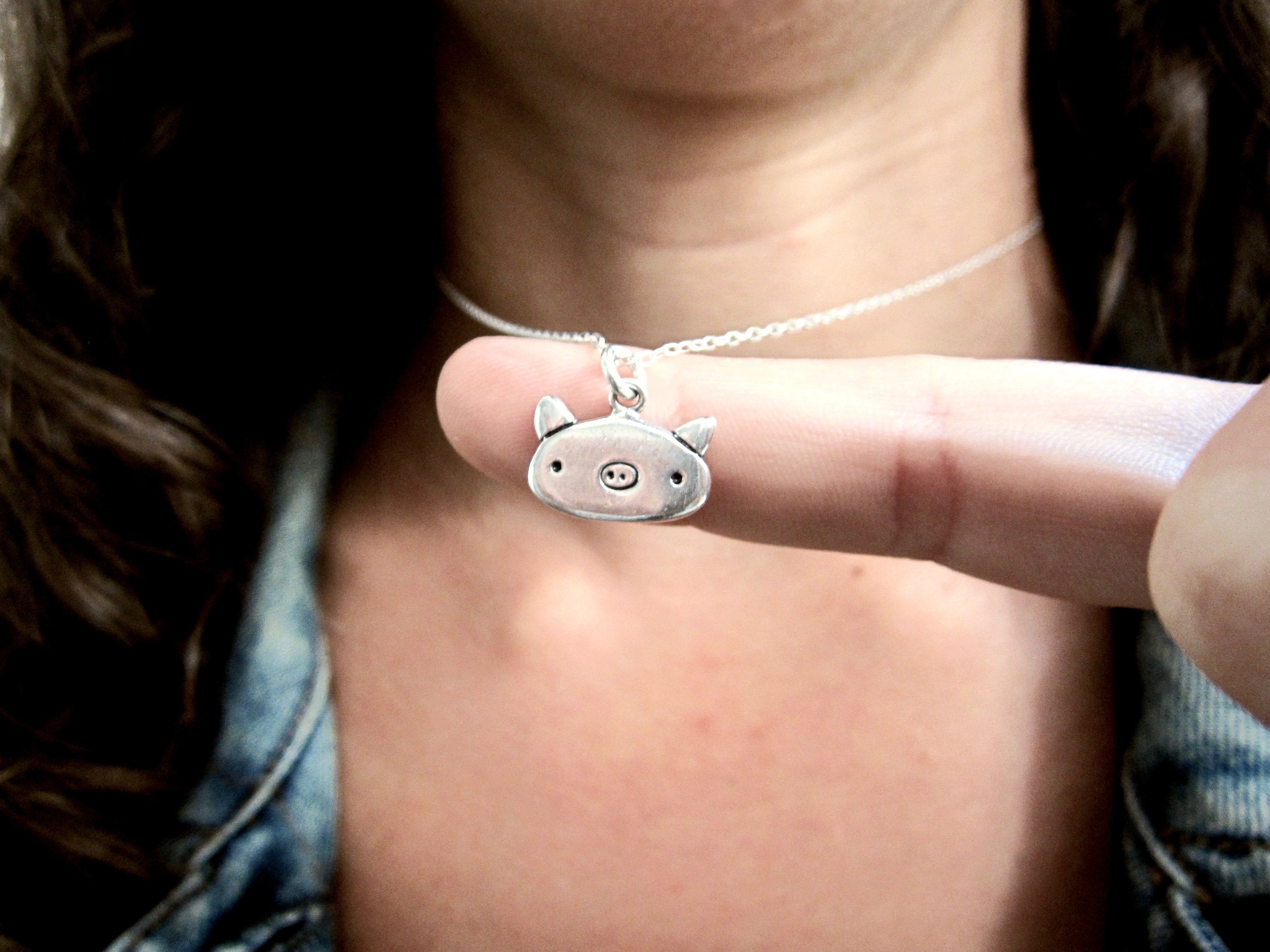 Little Pig Necklace - Sterling Silver Pig Pendant or Charm on 