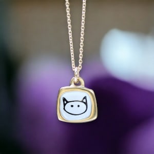 Tiny Gold Love Kitty Necklace - Sterling Silver And Enamel Cat Pendant Dipped In Gold - Cat Charm Jewelry