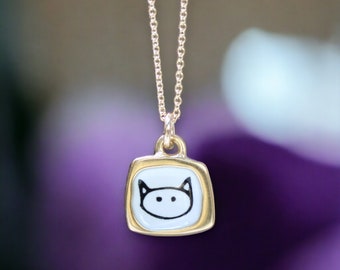 Gold Dipped Enamel Cat Pendant Necklace: Sterling Silver Kitty Charm
