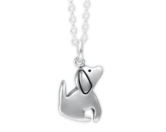 May include: A silver necklace with a small, silver, stylized puppy charm. The puppy is sitting with its head tilted up.