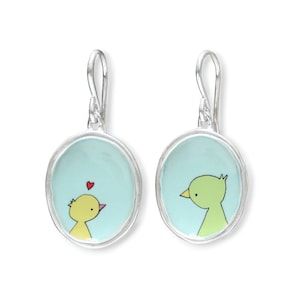 Mama and Baby Bird Earrings - Sterling Silver and Enamel Mother's Day Gift - New Baby Gift - Bird Jewelry