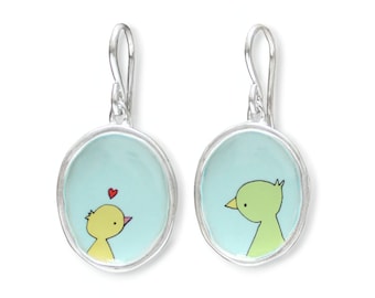 Mama and Baby Bird Earrings - Sterling Silver and Enamel Mother's Day Gift - New Baby Gift - Bird Jewelry