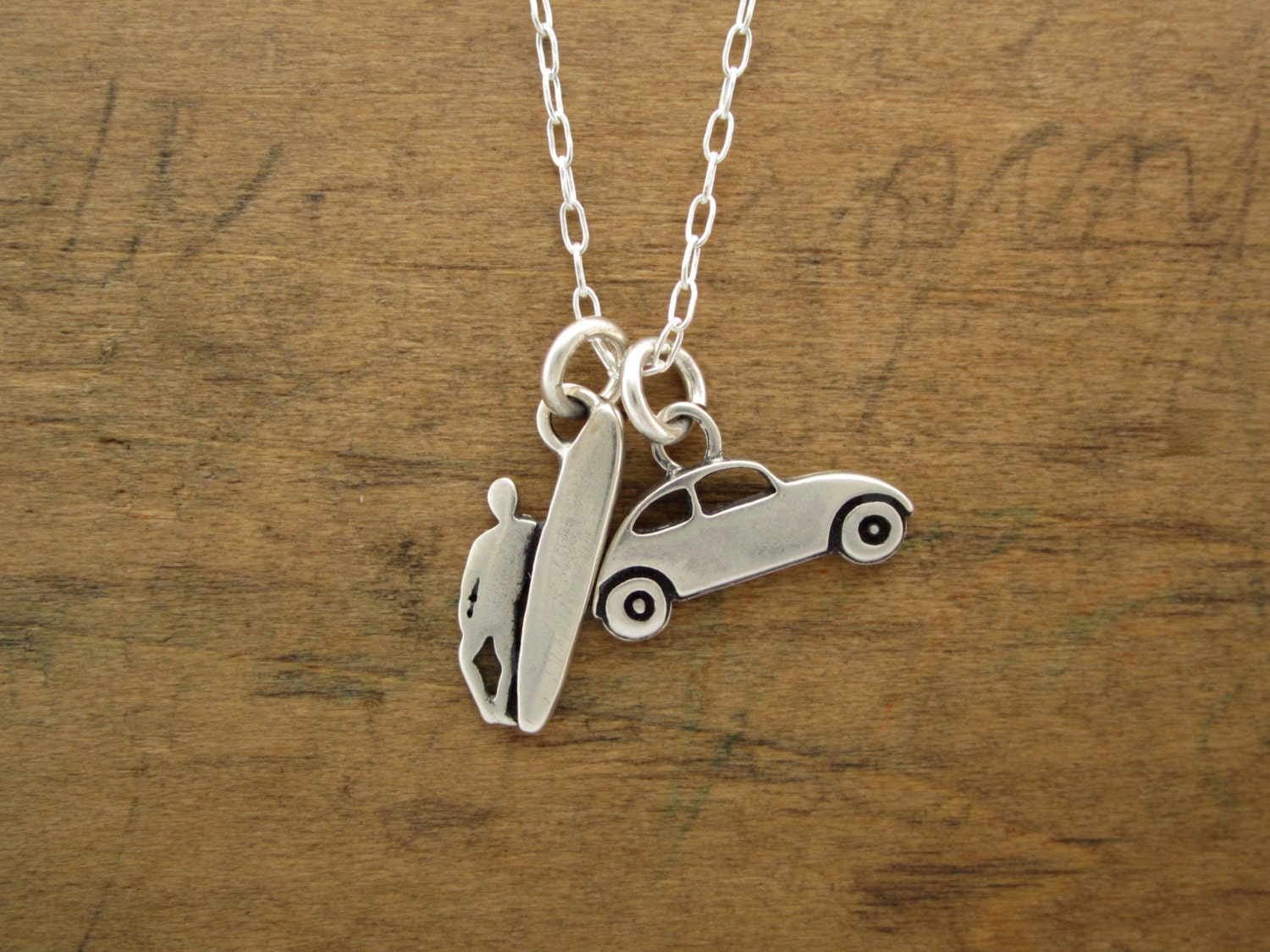Sterling Surfing Charm Necklace - Silver Surfer Pendant and Sterling Surfing Charm Necklace - Silver Surfer Pendant and