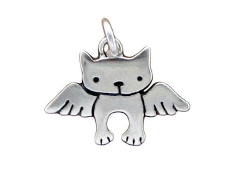 Tiny Angel Kitty Charm Necklace - Sterling Silver Angel Cat Necklace - Cat with Wings - Cat Memorial Pendant on Adjustable Chain