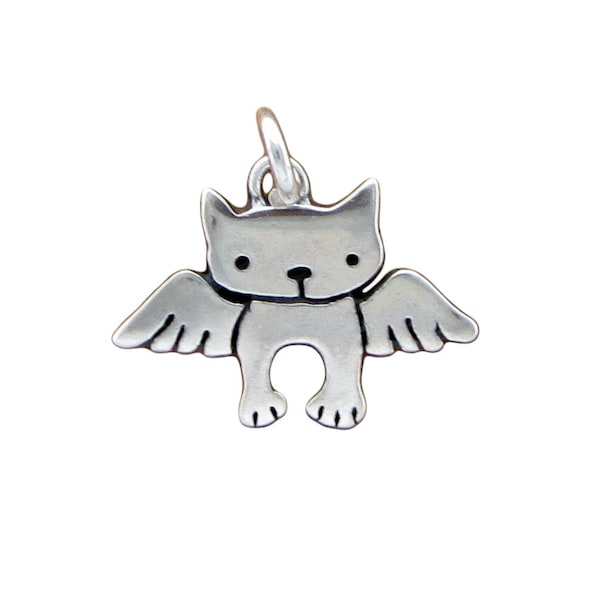 Tiny Angel Kitty Charm Necklace - Sterling Silver Angel Cat Necklace - Cat with Wings - Cat Memorial Pendant on Adjustable Chain