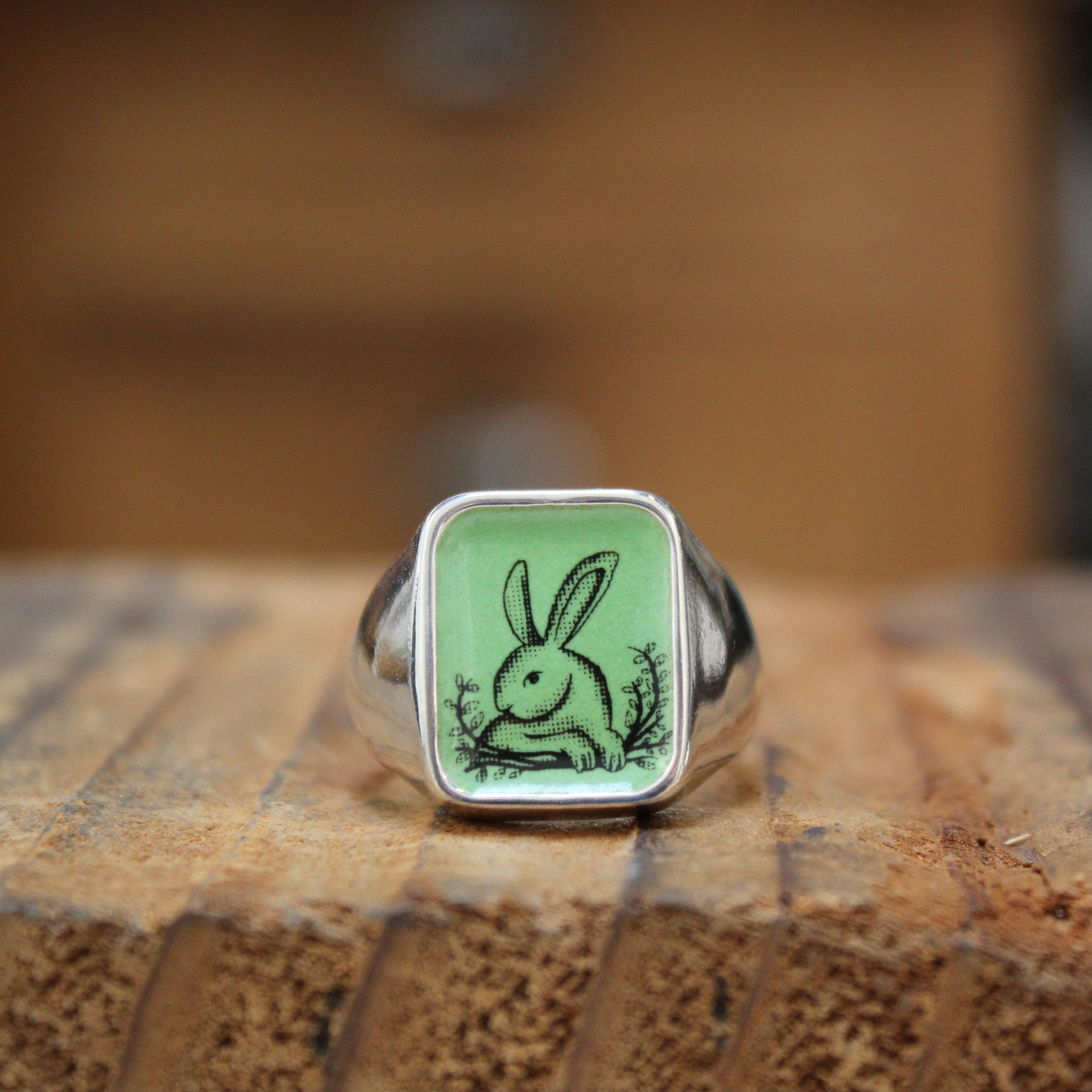 Vintage Rabbit Signet Ring: Sterling Silver Vitreous Enamel Bunny ...