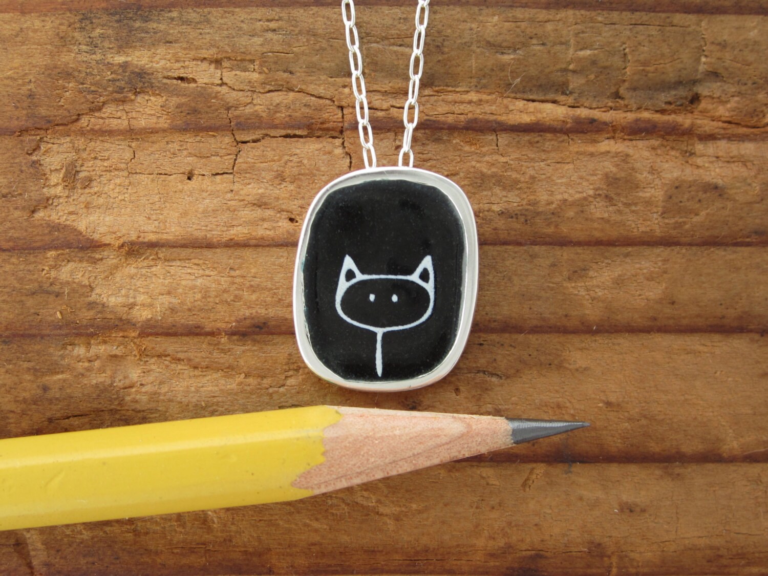 Black and White Cat Necklace Sterling Silver and Vitreous Etsy