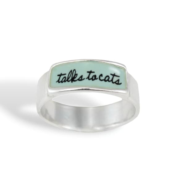 Talks to Cats Band Ring Sterling Silver and Vitreous Enamel Cat