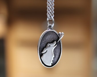 Sterling Silver Howling Wolf Pendant on Stainless Steel Cable Chain - Wolf Jewelry for Men