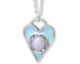Sterling Silver Heart Pendant: Blue Enamel, Pink Kunzite Gemstone Necklace
