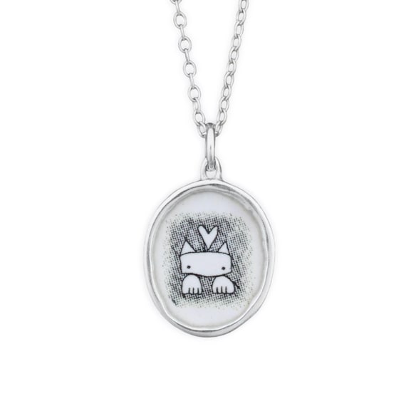 Enamel Cat Drawing Necklace: Sterling Silver Kitty Pendant