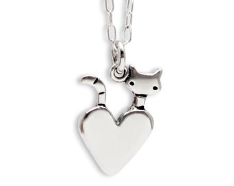 Little Cat Necklace - Sterling Silver Cat Pendant - Cat with Heart - Sterling Cat Charm on Adjustable Chain