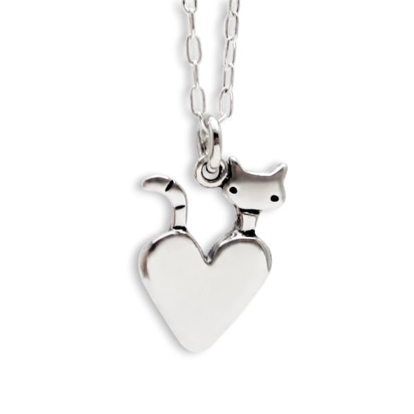 Little Cat Necklace - Sterling Silver Cat Pendant - Cat with Heart - Sterling Cat Charm on Adjustable Chain