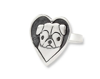 Sterling Silver Pug Ring in Whole Sizes 5 through 10 - Adorable Pug Charm