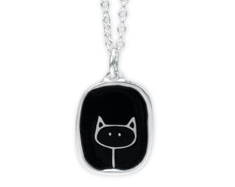 Black and White Cat Necklace: Sterling Silver Enamel Kitty Pendant