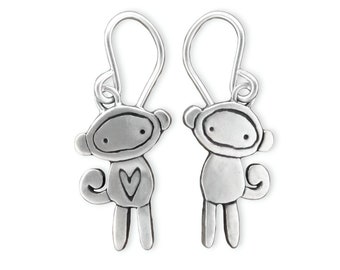 Sock Monkey Earrings - Sterling Silver Monkey Earrings for Women and Girls