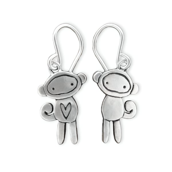 Sock Monkey Earrings - Sterling Silver Monkey Earrings for Women and Girls