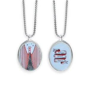 Golden Gate Bridge Pendant - Sterling Silver and Vitreous Enamel Follow Your Heart Charm on Adjustable Stainless Steel Chain