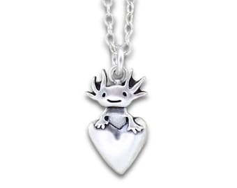 Sterling Silver Axolotl Charm Necklace: Detailed Amphibian Heart Pendant