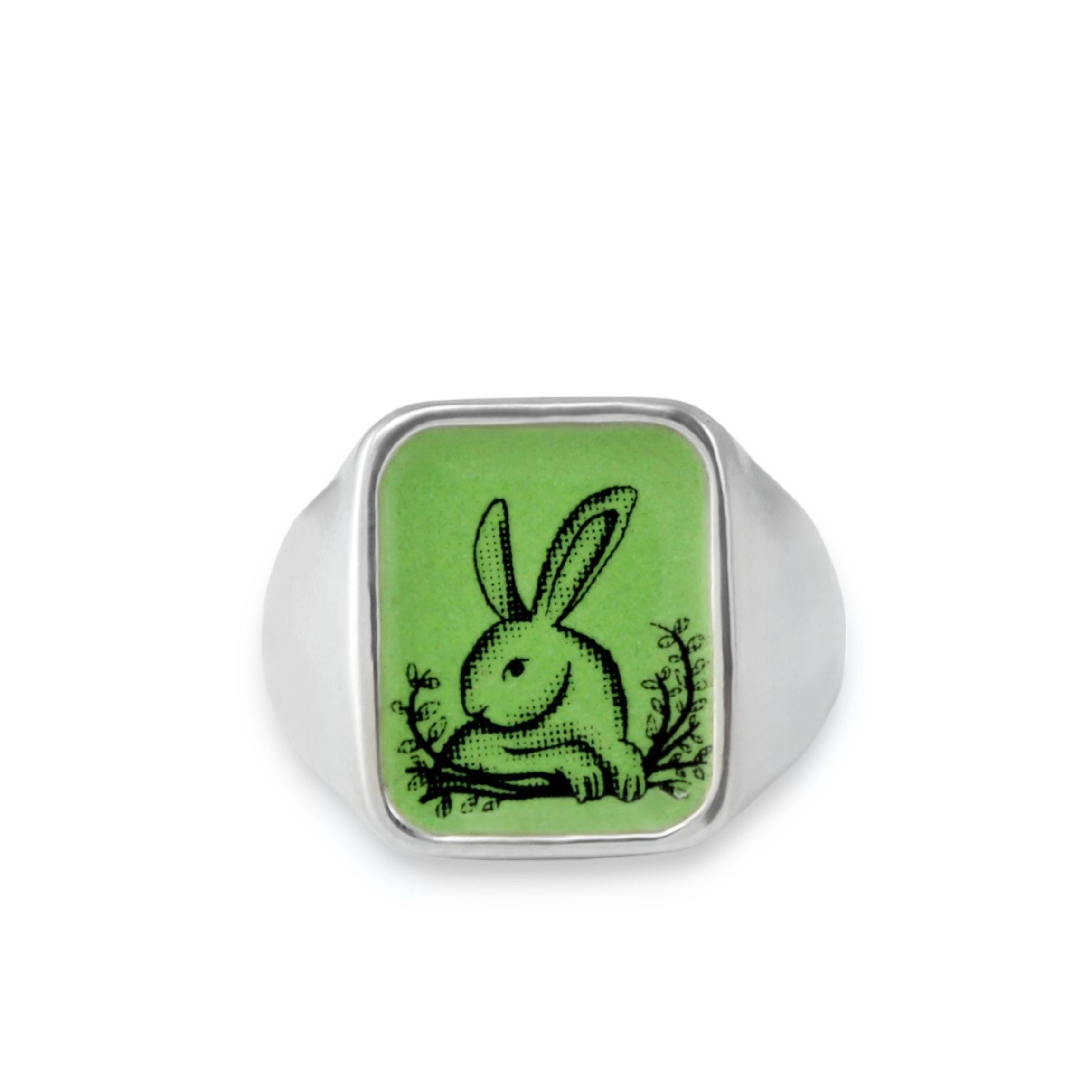 Vintage Rabbit Signet Ring: Sterling Silver Vitreous Enamel Bunny ...