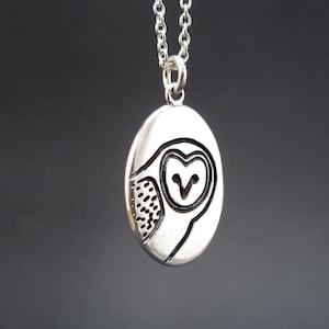 Sterling Silver Barn Owl Charm Necklace - Silver Owl Pendant - Owl Necklace on Adjustable Sterling Chain