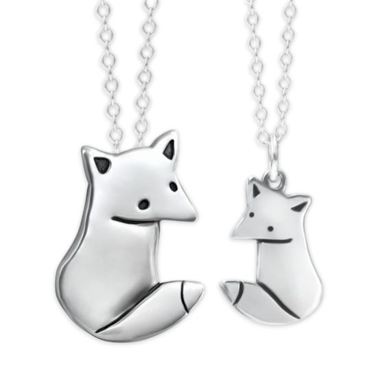 Sterling Silver Fox Necklace Set: Mother Daughter Pendants
