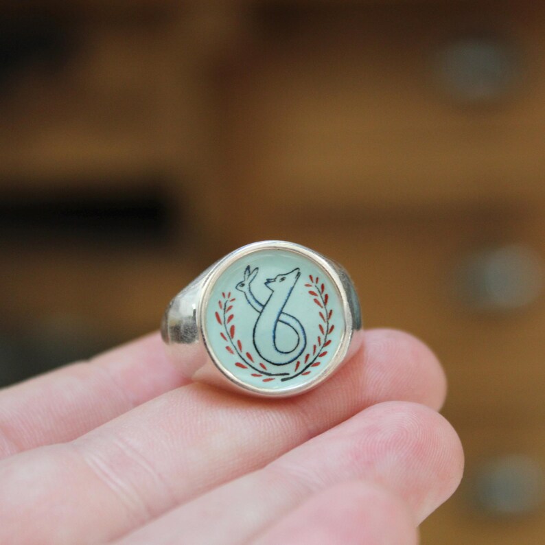 Sterling Silver Signet Ring: Wolf & Rabbit Enamel Jewelry - Etsy