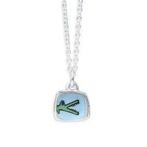 Tiny Alligator Enamel Charm Necklace - Sterling Silver and Vitreous Enamel Crocodile Gator Pendant on Adjustable Chain