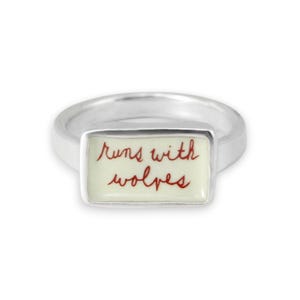 Sterling Silver and Enamel &quot;Runs With Wolves&quot; Script Ring in Sizes 5 through 11 - Wolf Jewelry - Free Spirited Gift