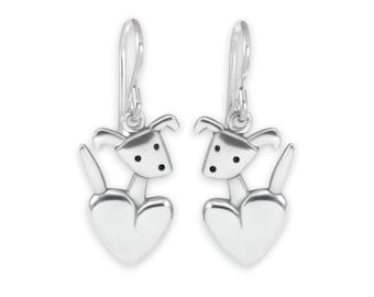 Sterling Silver Dog Earrings: Pocket Pup with Heart Dangles