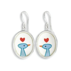 Bird Earrings - Sterling Silver and Vitreous Enamel Love Bird Earrings - Bird Gift For Her