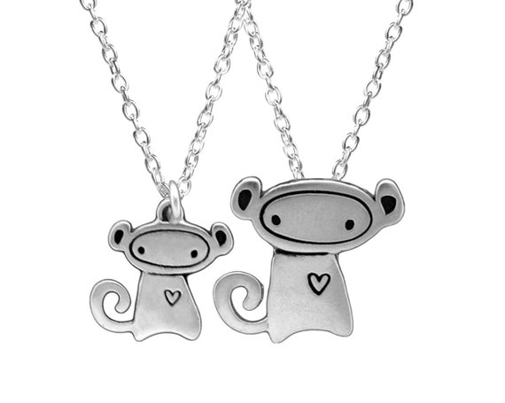Mother Daughter Monkey Charm Necklace Set Silver Monkey Pendants on Adjustable Sterling Chain Etsy