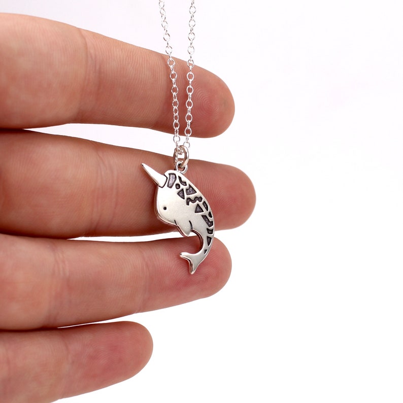 Sterling Silver Narwhal Necklace on 16 18 20 Adjustable Sterling Silver Chain Cute Tusked Whale with Geometric Pattern Charm Necklace image 2