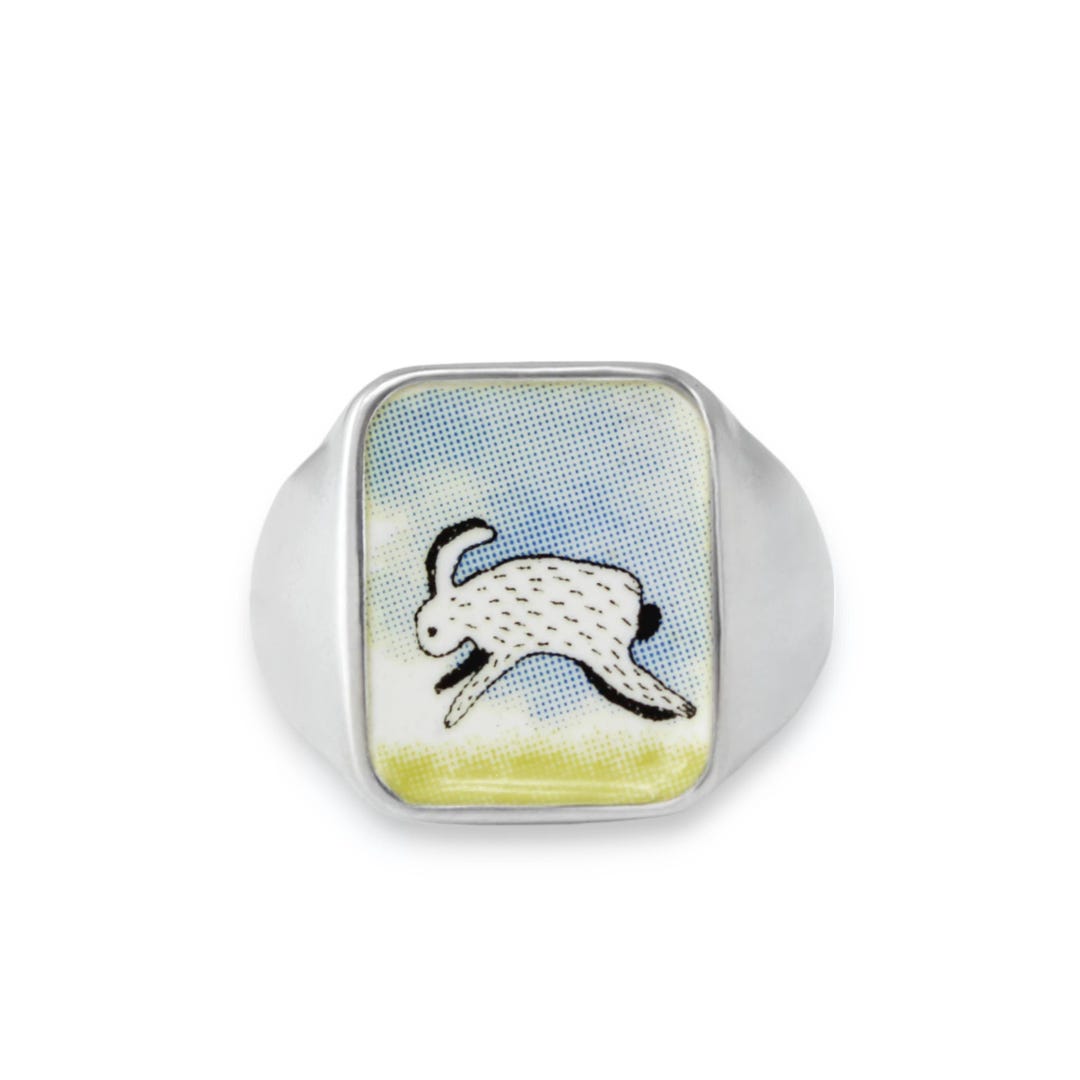 Rabbit Signet Ring: Vitreous Enamel Sterling Silver Field Bunny - Etsy