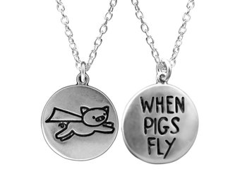 When Pigs Fly Pendant - Sterling Silver Pig Charm Necklace or Charm - Reversible Flying Pig Medallion on Adjustable Chain