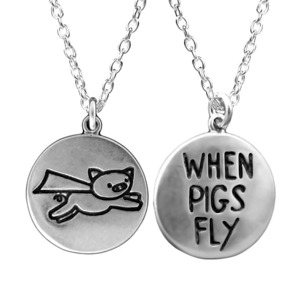 When Pigs Fly Pendant - Sterling Silver Pig Charm Necklace or Charm - Reversible Flying Pig Medallion on Adjustable Chain