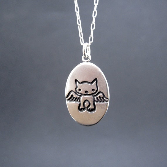 Angel Cat Necklace Sterling Silver Cat Pendant Cat Medallion