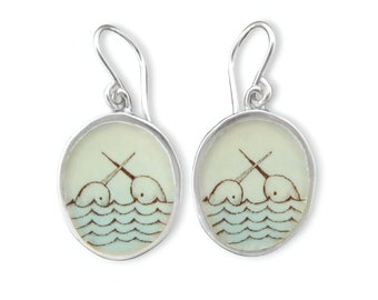 Narwhal Earrings - Sterling Silver and Vitreous Enamel  Narwhal Earrings - Unique Narwhal Charm Earrings