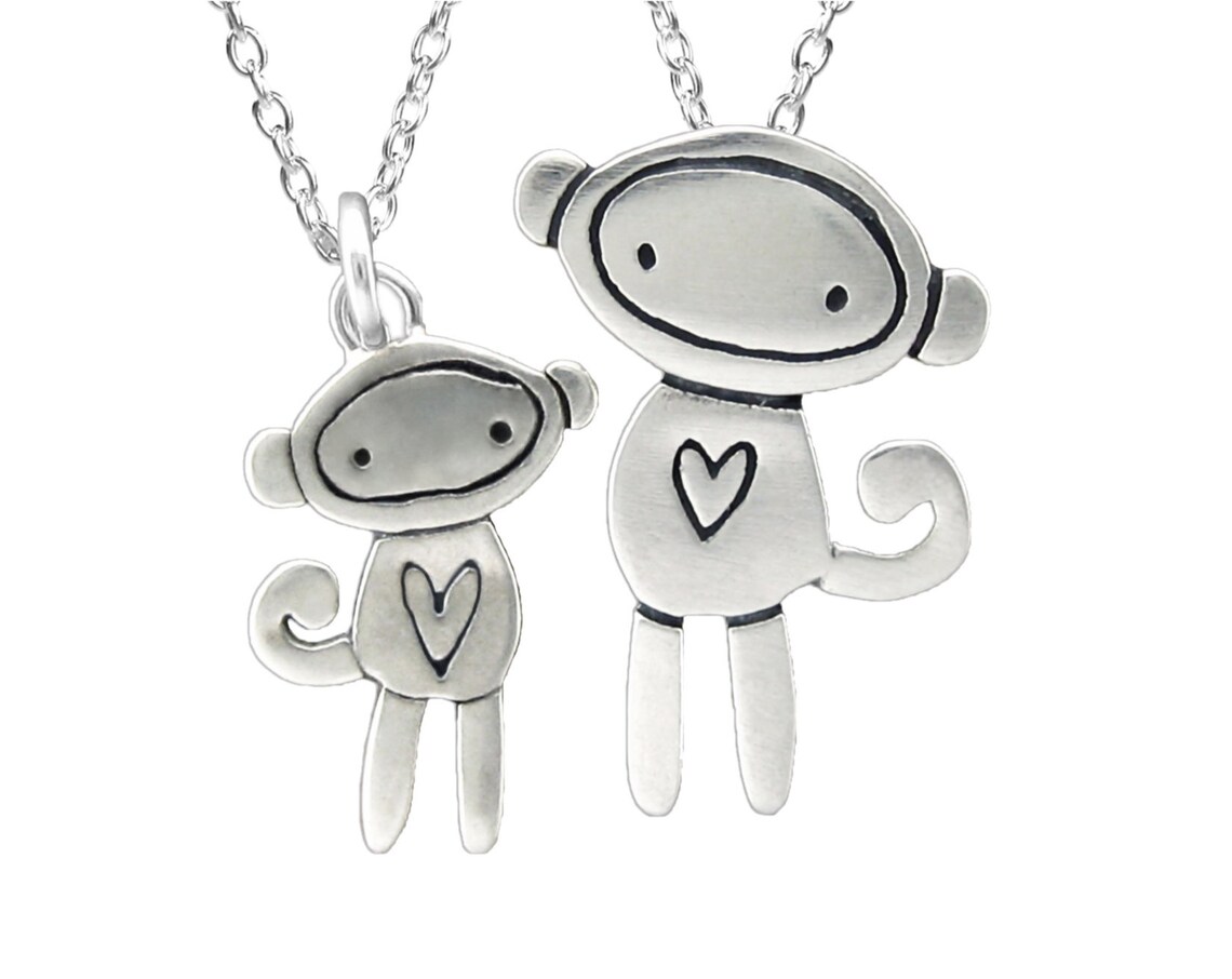 Mother Daughter Sock Monkey Necklace Set Two Sterling Silver Etsy