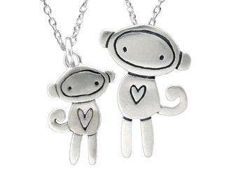 Mother and Child Sock Monkey. Charm Necklace Set - Two Sterling Silver Monkey Necklaces on Adjustable Sterling Chains