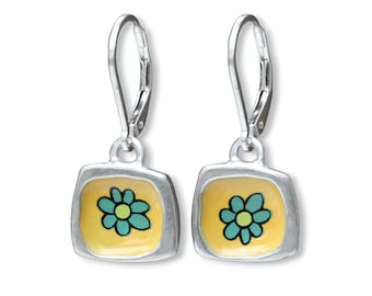 70's Style Lever Back Flower Earrings Made with Sterling Silver and Vitreous Enamel