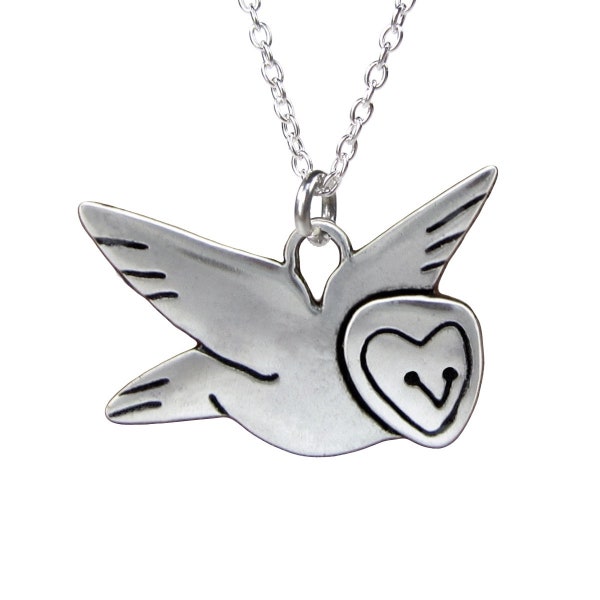 Sterling Silver Barn Owl Charm Necklace - Silver Owl Pendant on Adjustable Sterling Chain