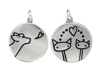 Dog and Cat Necklace - Reversible Sterling Silver Dog and Cat Pendant or Charm on Adjustable Sterling Chain - Dog Kiss