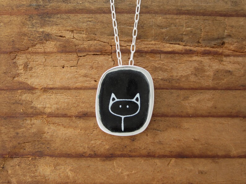 Black and White Cat Necklace Sterling Silver and Vitreous Etsy