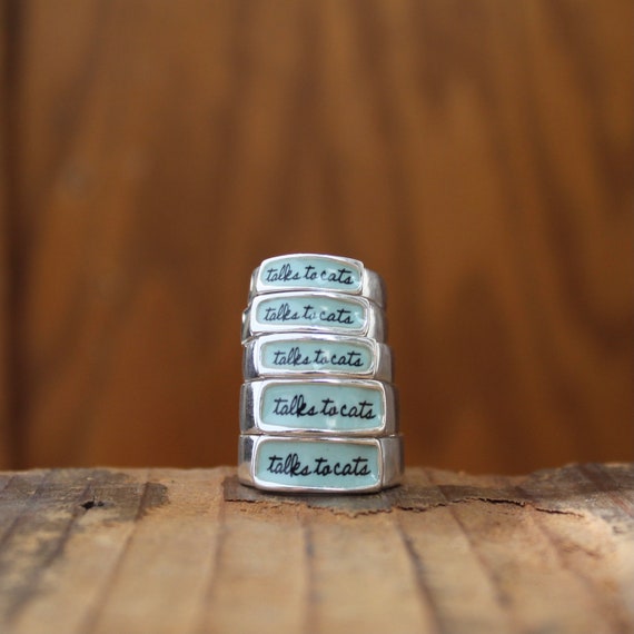Talks to Cats Ring: Sterling Silver Enamel Band, Cat Lover Jewelry