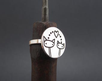 Cat Family Ring - Sterling Silver Charm Ring