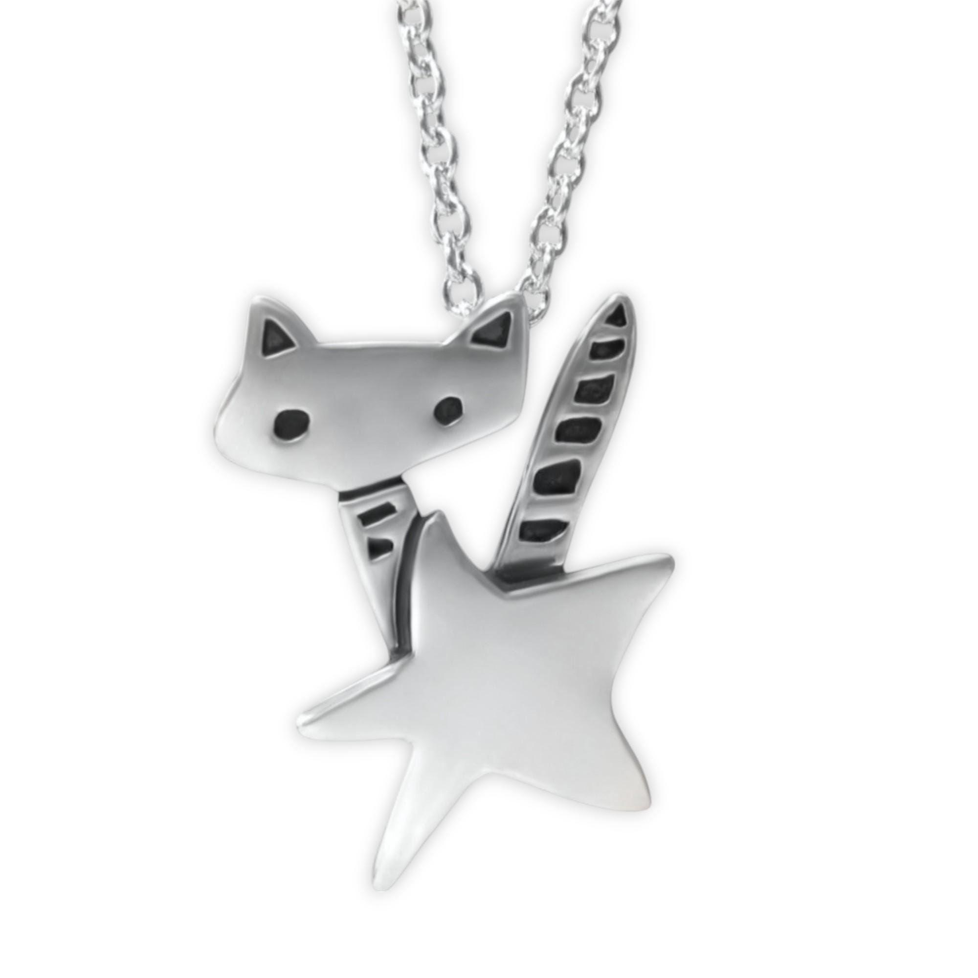 Sterling Star Cat Charm Necklace - Silver Rocket Cat Pendant on Adjustable Sterling Chain